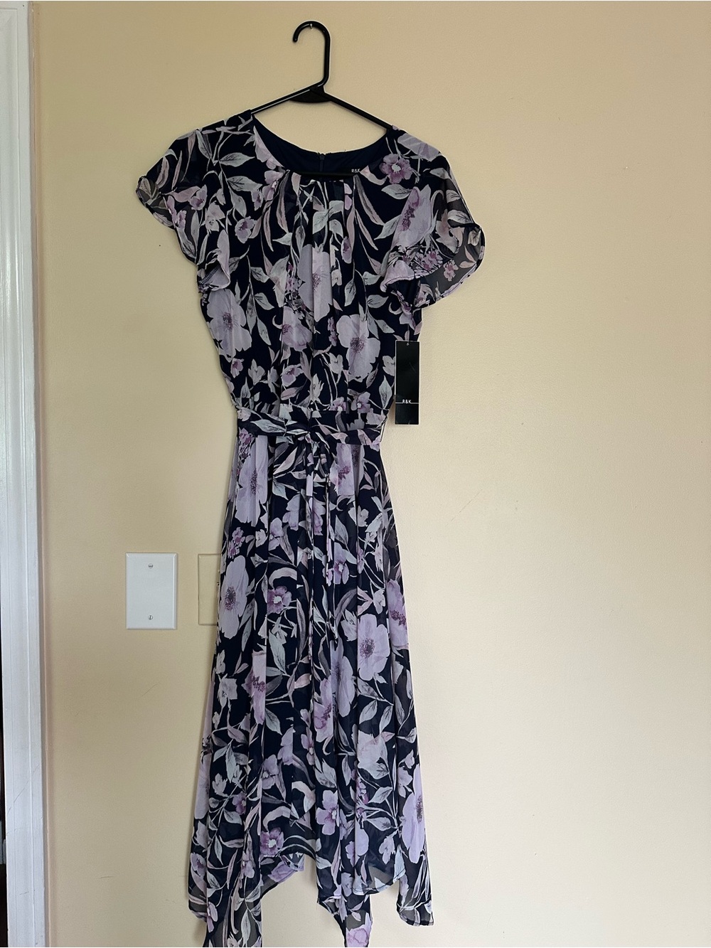 Floral Tie-Waist Midi Dress - Navy & Lilac